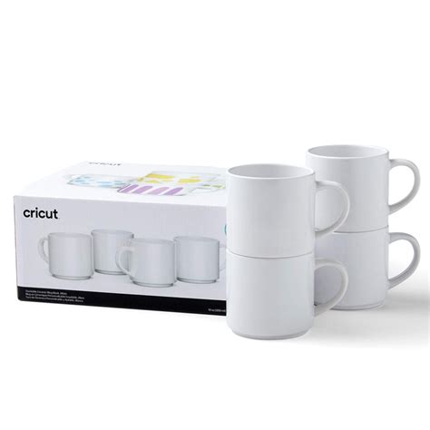 2009392 - Cricut 295ml Stack Ceramic Mugs Blank White 4pc; 4 Infusible Ink™ compatible* mug blanks 10 oz / 300 ml in White; Stack for easy storage; Smooth, straight pressing area for flawless transfers; Dishwasher & microwave safe; For use with Cricut Mug Press™ & Infusible Ink products (sold separately); Includes 4 ready-to-gift boxes for any occasion